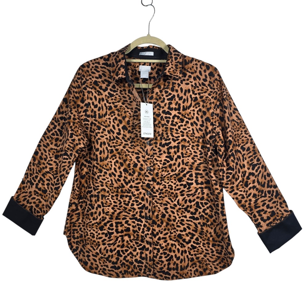 Chico's No-Iron Chic Stretch Leopard Print Button Down Shirt Brown Size 1 Medium